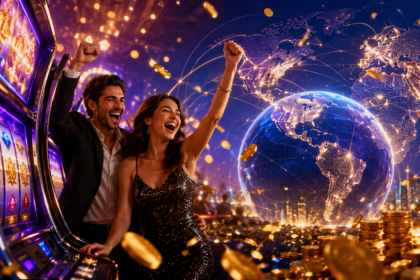 Una pareja disfruta jugando a las tragamonedas