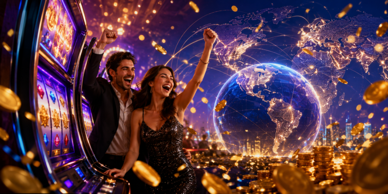 Una pareja disfruta jugando a las tragamonedas