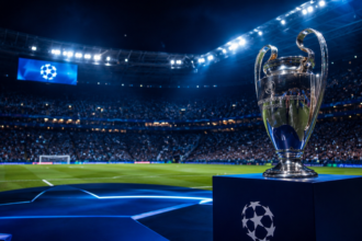 Trofeo de la Champions League en estadio iluminado durante una noche de competición europea