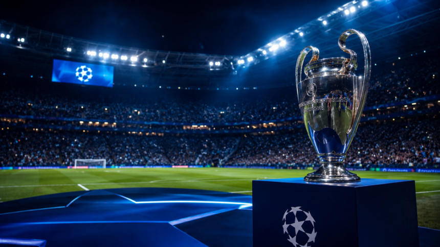 Trofeo de la Champions League en estadio iluminado durante una noche de competición europea